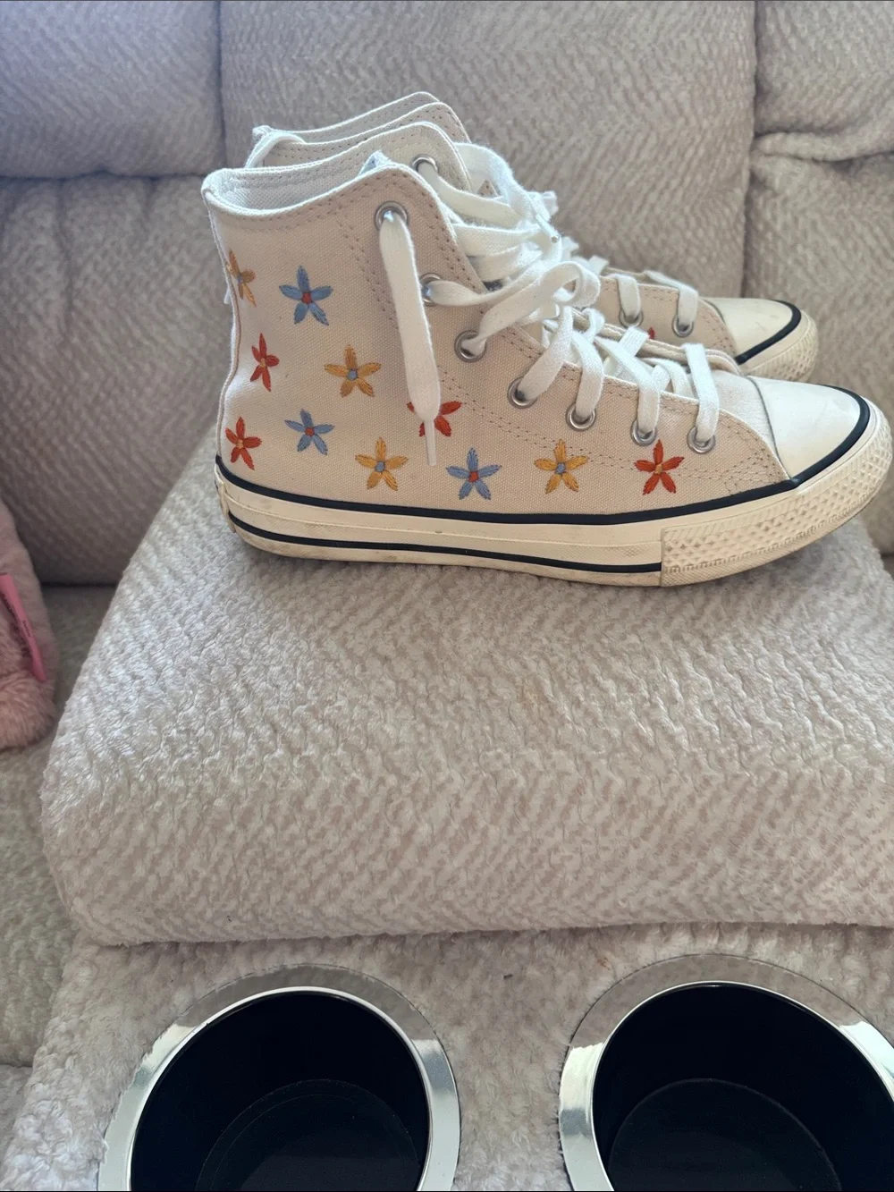 Converse Kids High Top Sneakers Cream with Multicolor Floral Embroidery